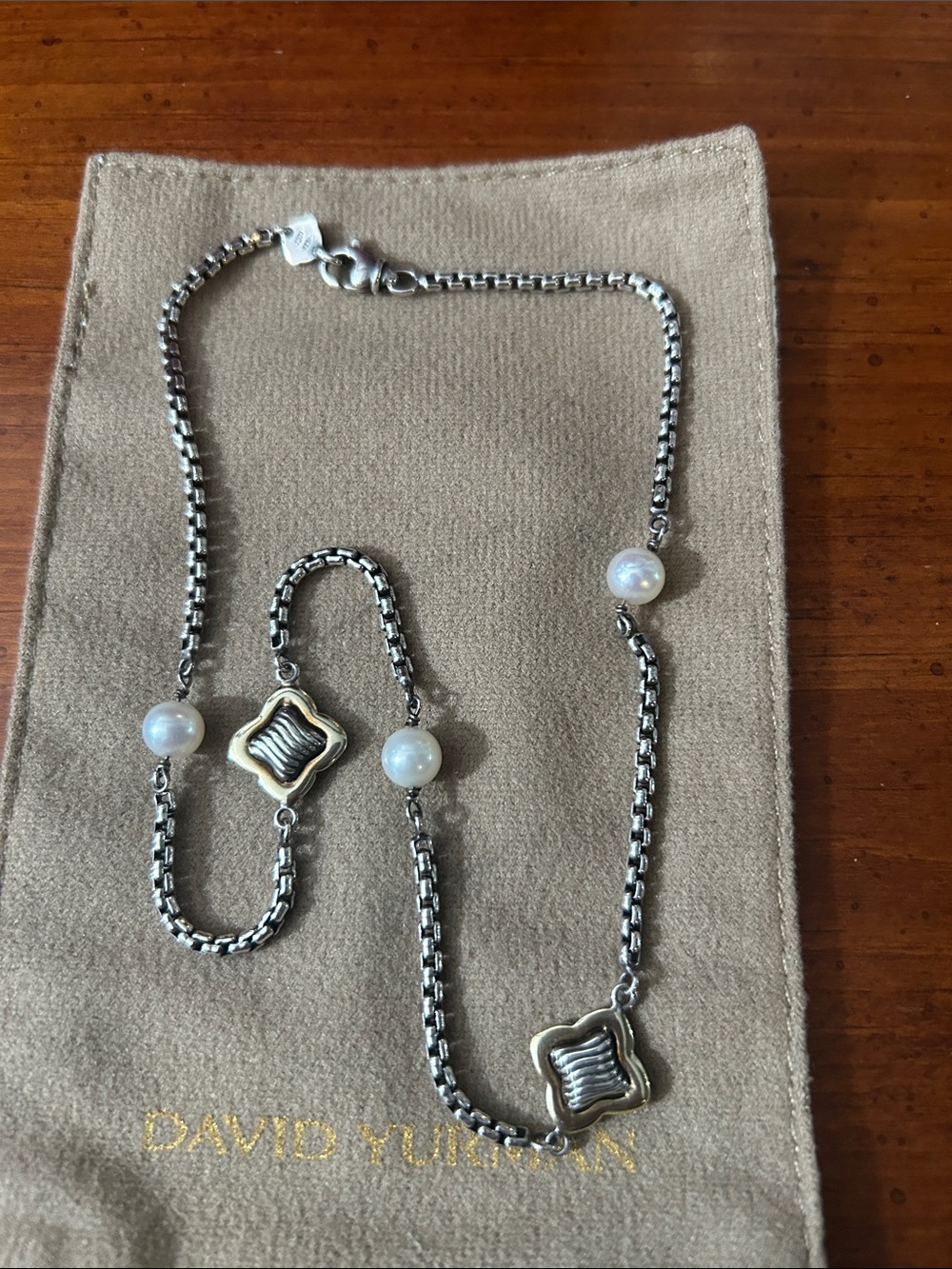 David Yurman SS & 18k Yellow Gold Pearl 14 mm Quatrefoil Station Necklace
